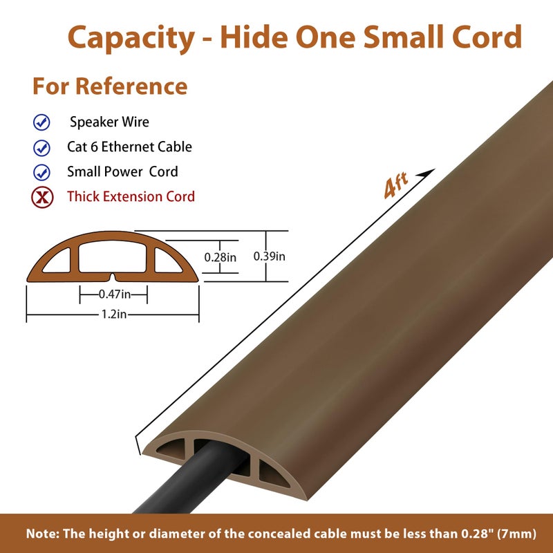 ZhiYo 4ft Cord Hider Floor for 1 Small Wire, Soft PVC Cord Covers for Wires on Floor, Wire Cover to Hide Power Cords, Cable Cover Protect Cords, Cable Cavity: W0.47in x H0.28in Vintage Coffee Brown - Image 2