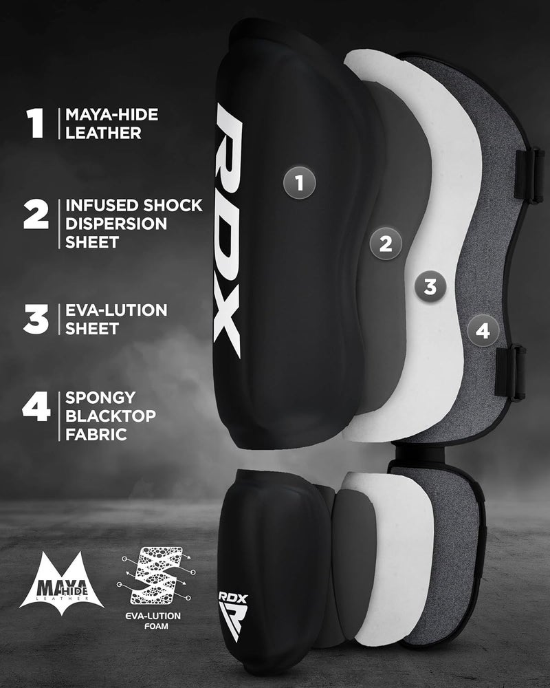 RDX Shin Guards for Kickboxing and Muay Thai - Premium Maya Hide Leather Protection Pads -L |Black/Black (SGR-T1R-L) - Image 4