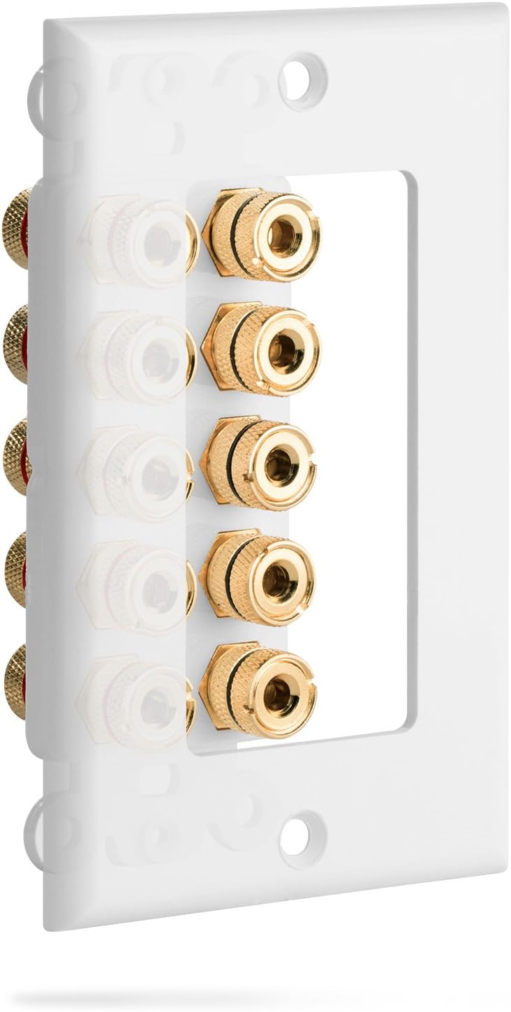 Fosmon [Five Speaker] Home Theatre Wall Plate - Premium Quality Gold Plated Copper Banana Binding Post Coupler Type Wall Plate for 5 Speakers (White) - Image 2