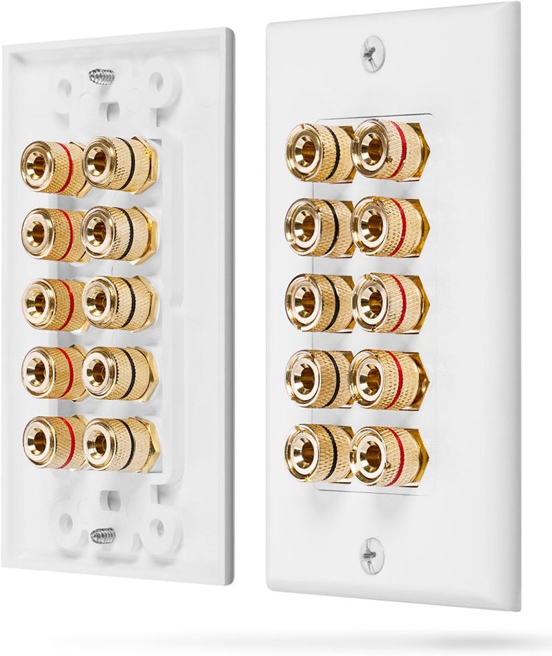 Fosmon [Five Speaker] Home Theatre Wall Plate - Premium Quality Gold Plated Copper Banana Binding Post Coupler Type Wall Plate for 5 Speakers (White) - Image 1