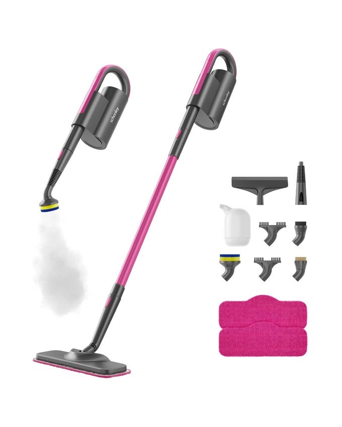 STEAM MOP CLEANER WITH DETACHABLE HANDHELD STEAMER FOR CLEANING HARDWOOD LAMINATE FLOOR TILES AND GROUT WITH 7IN1 MULTIPURPOSE ACCESSORIES AND WASHABLE MICROFIBER PADS