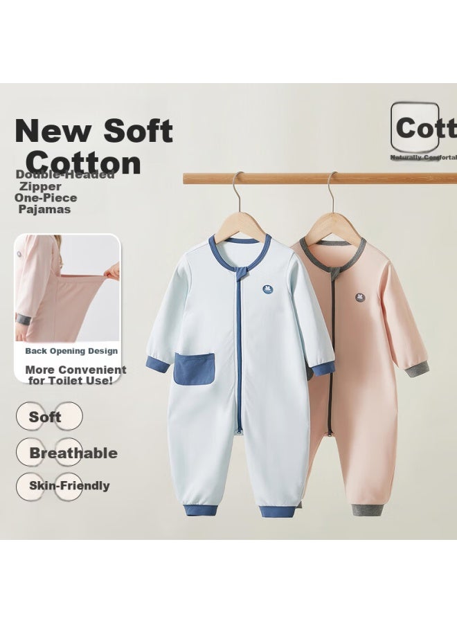SHANBAOMAY Shangbao Maichunqiu Children's One-piece Cotton Zipper Pajamas Uni Baby Sleep Sack Homewear Moisture-wicking Cream Blue Size 110 - Image 3