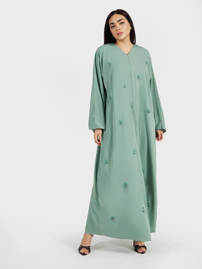 Reem Abayas Mint Green Pastel Abaya with 3D Embellishments and Matching Scarf