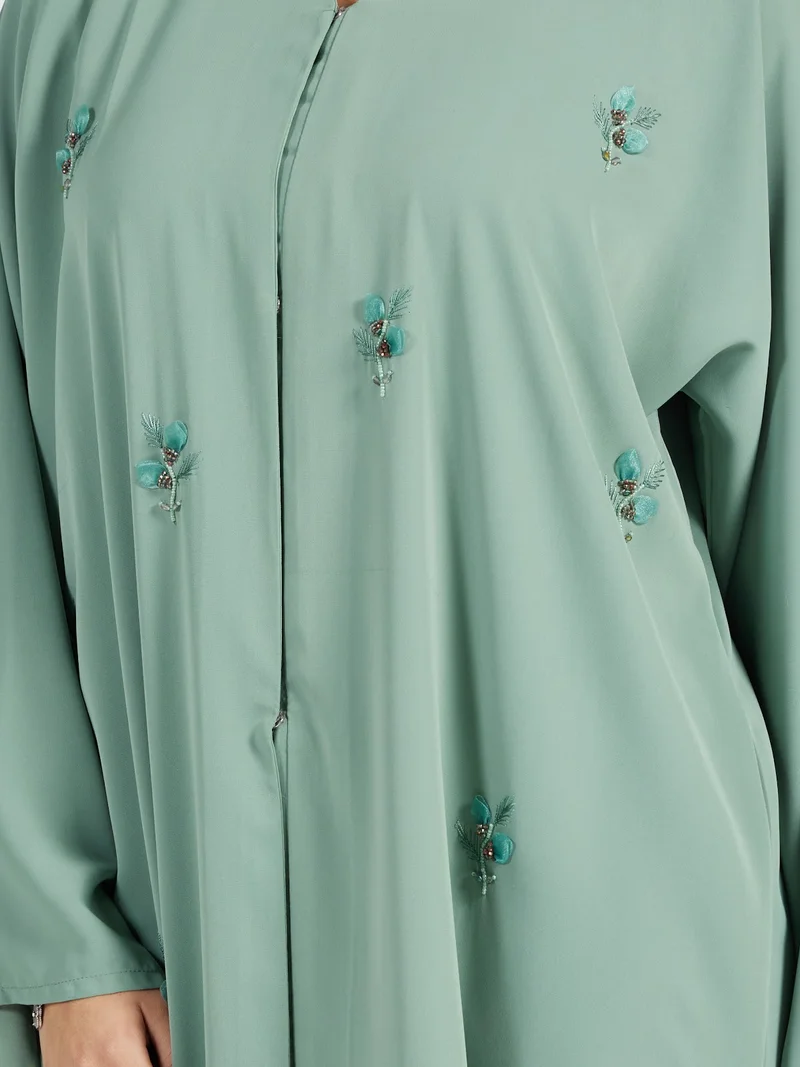 Reem Abayas  Mint Green Pastel Abaya with 3D Embellishments and Matching Scarf for Women | Best Price UAE