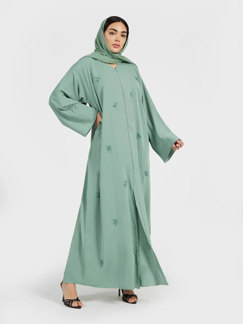 Reem Abayas Mint Green Pastel Abaya with 3D Embellishments and Matching Scarf