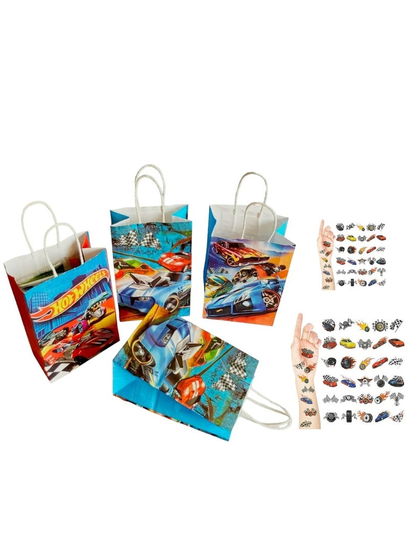 Tamona Hot Wheels Happy Birthday Gift Bags, Racing Cars Themed Candy Birthday Decoration Bags 12Pcs. Treat Bags, Party Favors Paper Bags with Hand Tattoos for Boys & Girls  - Image 1
