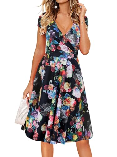 oxiuly Women's Vintage V-Neck Floral Casual Party Cocktail A-Line Dress OX233 (XL, Black) - Image 1