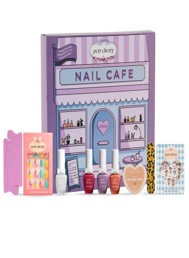 Perr Cherry 10 PC Organic Nail Art Kit | Non-Toxic Nail Polish Gift Set For Girls | Includes 4 Nail Polish, Nail Paint Remover Wipes, Press on Nails, Nail Sticker, Nail Filer & Toe Separator (Assorted Colours) - Image 1