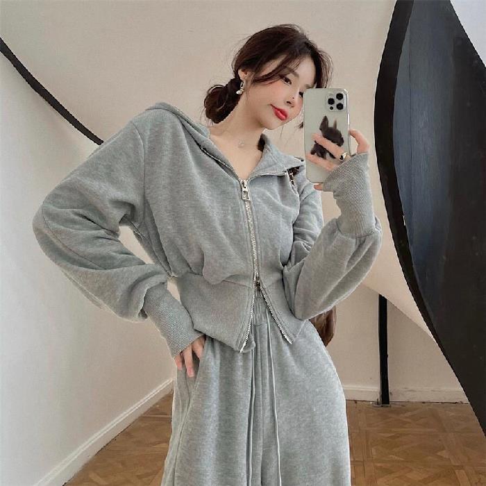 Cross-Border fashion new online celebrity thread suit womens clothing European and American style hooded zipper sweater wide leg pants two-piece set Light gray - Image 1