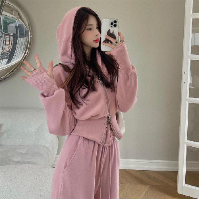 Cross-Border fashion new online celebrity thread suit womens clothing European and American style hooded zipper sweater wide leg pants two-piece set Light gray - Image 2