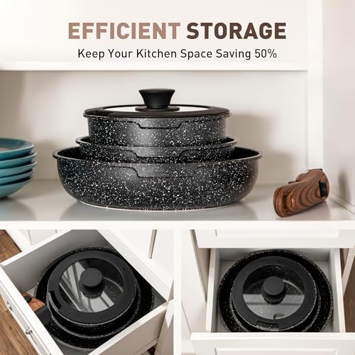 MAISON ARTS Detachable Handle Induction Pots and Pans Set, 10 Piece Non Stick Kitchen Cookware Sets, Stackable Black Granite RV Cooking Set for Camper - Image 4