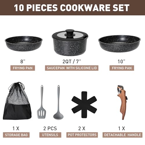 MAISON ARTS Detachable Handle Induction Pots and Pans Set, 10 Piece Non Stick Kitchen Cookware Sets, Stackable Black Granite RV Cooking Set for Camper - Image 2