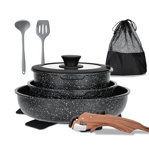 MAISON ARTS Detachable Handle Induction Pots and Pans Set, 10 Piece Non Stick Kitchen Cookware Sets, Stackable Black Granite RV Cooking Set for Camper - Image 1
