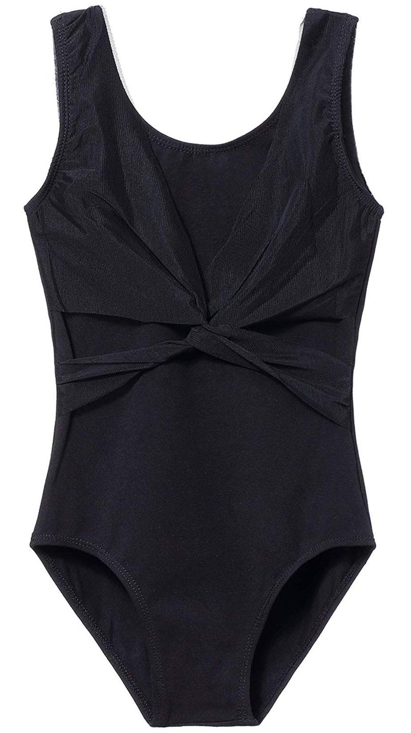MdnMd Girls Gymnastic Ballet Dance Leotard Tank Mesh Cross Front (Black, Age 10-12) - Image 1