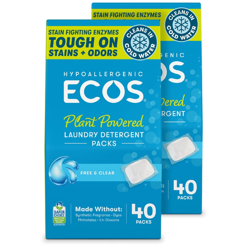 ECOS Laundry Detergent Packs, 80 Loads - 100% Plastic Free Packaging - Convenient No Mess Washing Soap Packs - Hypoallergenic for Sensitive Skin - Free & Clear - Image 1