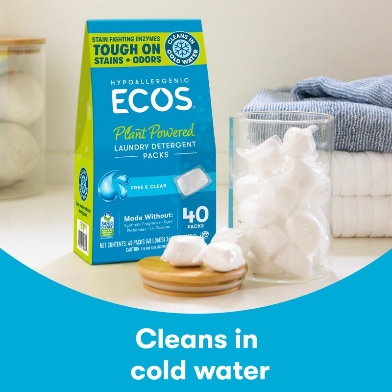 ECOS Laundry Detergent Packs, 80 Loads - 100% Plastic Free Packaging - Convenient No Mess Washing Soap Packs - Hypoallergenic for Sensitive Skin - Free & Clear - Image 2