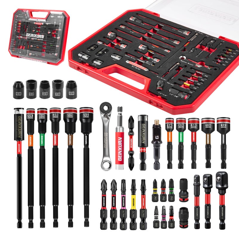 Geinxurn 37Pcs Tools Set Packaged with Plastic Toolbox Storage Case, Include Screwdriver Bits, Nut Driver, Mini Wrech,Socket Driver, Quick change adapter, Socket Driver and Bit Holder for Diy - Image 1