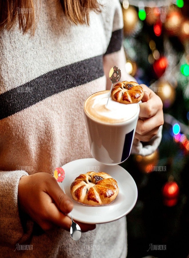 أوير مجموعة ملاعق تقليب من AUEAR، 4 قطع، ملاعق قهوة على شكل دونات لطيفة، ملاعق شاي صغيرة من الفولاذ المقاوم للصدأ، ملاعق تقليب صغيرة على شكل دونات، ملاعق تقليب للحلويات والآيس كريم والشاي والسكر، أدوات مطبخ متعددة الوظائف - Image 5