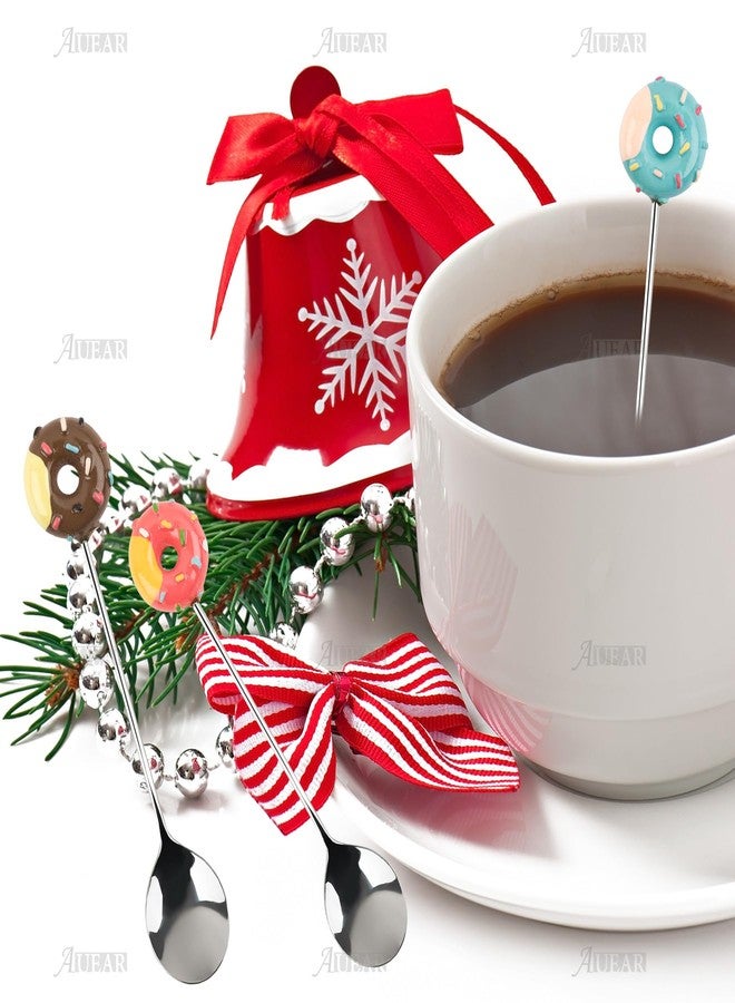 أوير مجموعة ملاعق تقليب من AUEAR، 4 قطع، ملاعق قهوة على شكل دونات لطيفة، ملاعق شاي صغيرة من الفولاذ المقاوم للصدأ، ملاعق تقليب صغيرة على شكل دونات، ملاعق تقليب للحلويات والآيس كريم والشاي والسكر، أدوات مطبخ متعددة الوظائف - Image 2