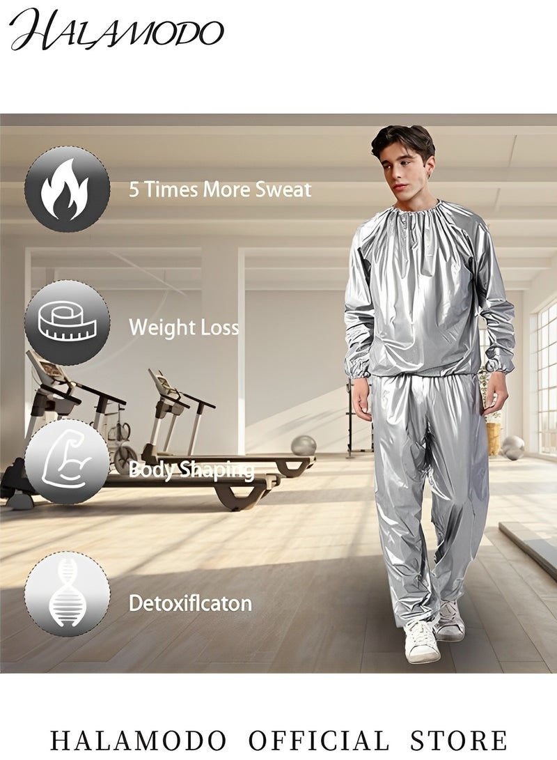 HALAMODO Sauna Sweat Suit Exercise Weight Loss Gym Fitness Workout Anti-Rip Heavy Duty Full-Zip Sauna Suit Fitness Exercise Gym Top Pant for Men Women  - Image 4
