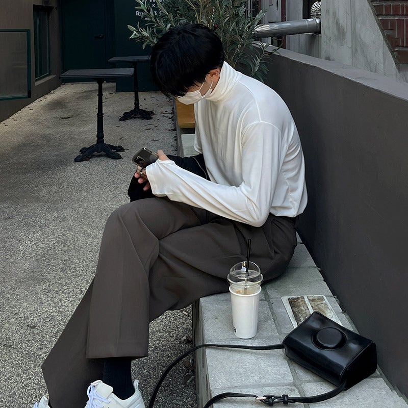 MYQ turtleneck T-shirt men's autumn and winter Korean style loose design solid color cotton long sleeve T-shirt bottoming shirt fashion - Image 2
