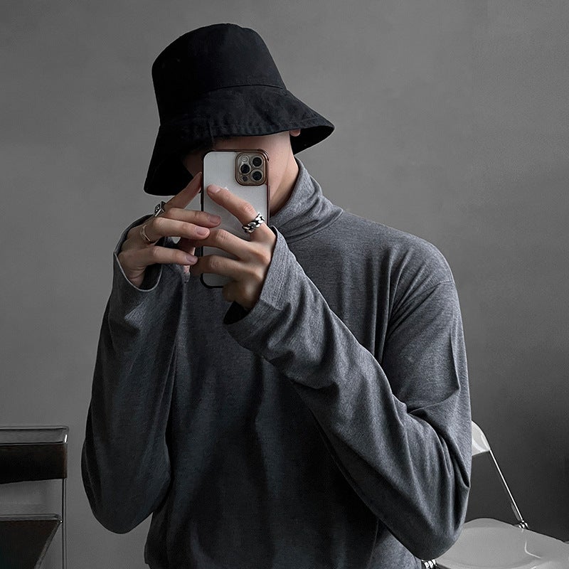 MYQ turtleneck T-shirt men's autumn and winter Korean style loose design solid color cotton long sleeve T-shirt bottoming shirt fashion - Image 4
