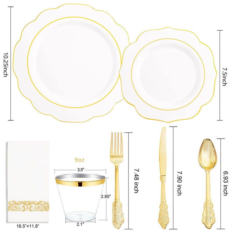 NOCCUR 175PCS Gold Plastic Plates with Disposable Silverware - Gold Plastic Tableware Include 25Dinner Plates  25Dessert Plates  25Forks  25Knives  25Spoons  25Cups  25Napkins-Ideal for Thanksgiving - Image 3