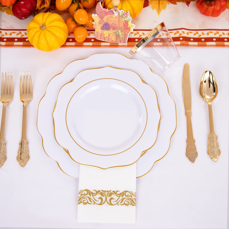 NOCCUR 175PCS Gold Plastic Plates with Disposable Silverware - Gold Plastic Tableware Include 25Dinner Plates  25Dessert Plates  25Forks  25Knives  25Spoons  25Cups  25Napkins-Ideal for Thanksgiving - Image 5