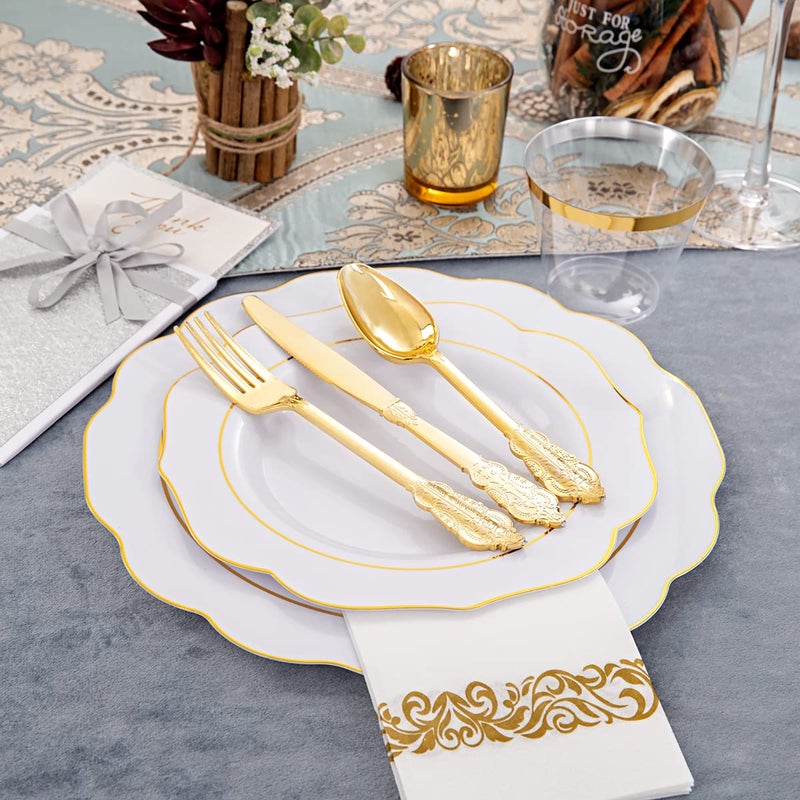 NOCCUR 175PCS Gold Plastic Plates with Disposable Silverware - Gold Plastic Tableware Include 25Dinner Plates  25Dessert Plates  25Forks  25Knives  25Spoons  25Cups  25Napkins-Ideal for Thanksgiving - Image 4