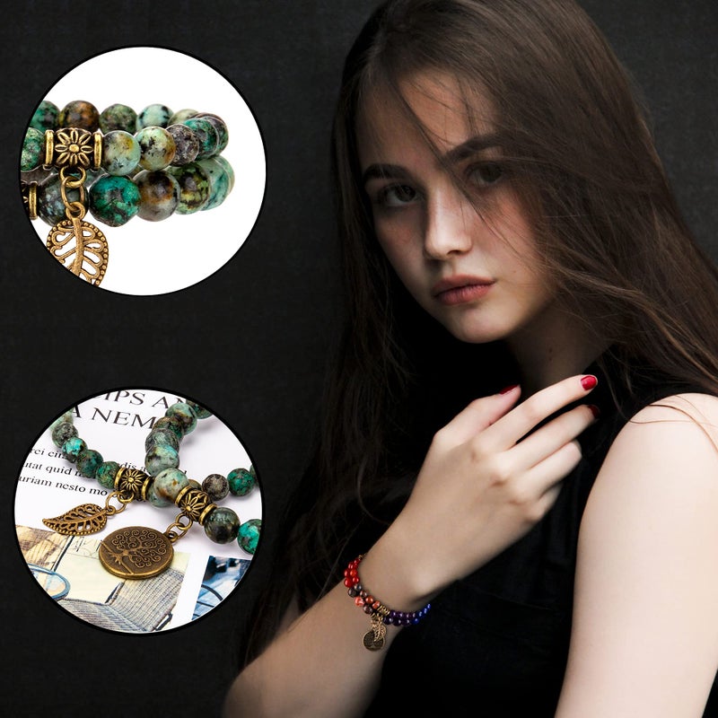 Bivei Natural Semi Precious Gemstone Beads Bracelet for Women - Life Tree and Leaf Charm Chakra Energy Anxiety Stretch Bracelets(African Turquoise) - Image 2