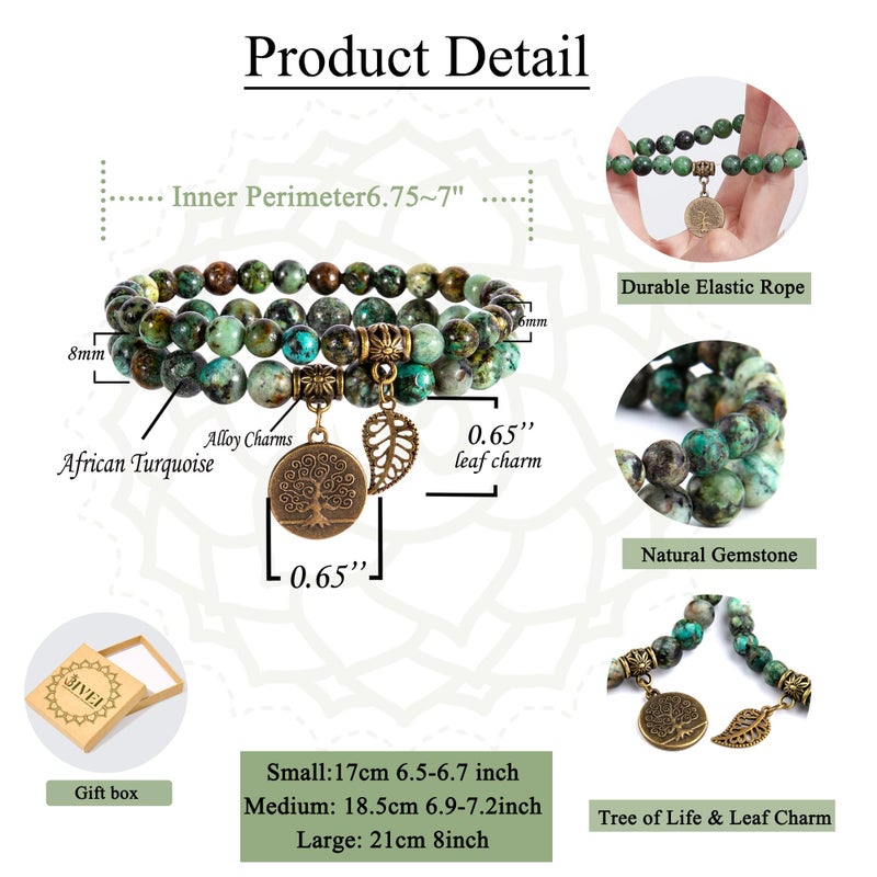 Bivei Natural Semi Precious Gemstone Beads Bracelet for Women - Life Tree and Leaf Charm Chakra Energy Anxiety Stretch Bracelets(African Turquoise) - Image 3