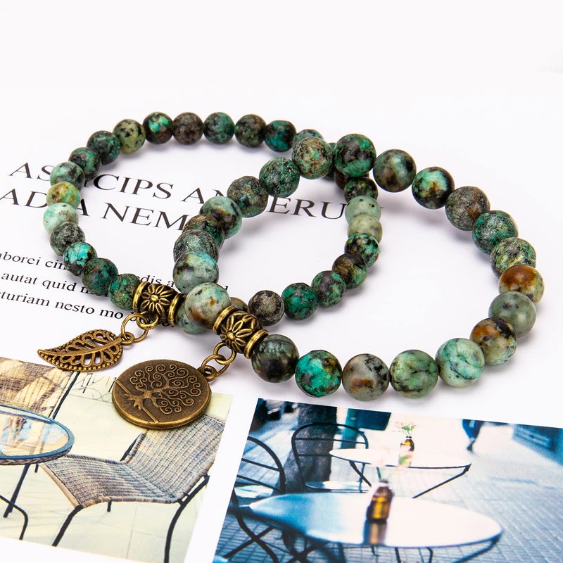 Bivei Natural Semi Precious Gemstone Beads Bracelet for Women - Life Tree and Leaf Charm Chakra Energy Anxiety Stretch Bracelets(African Turquoise) - Image 4