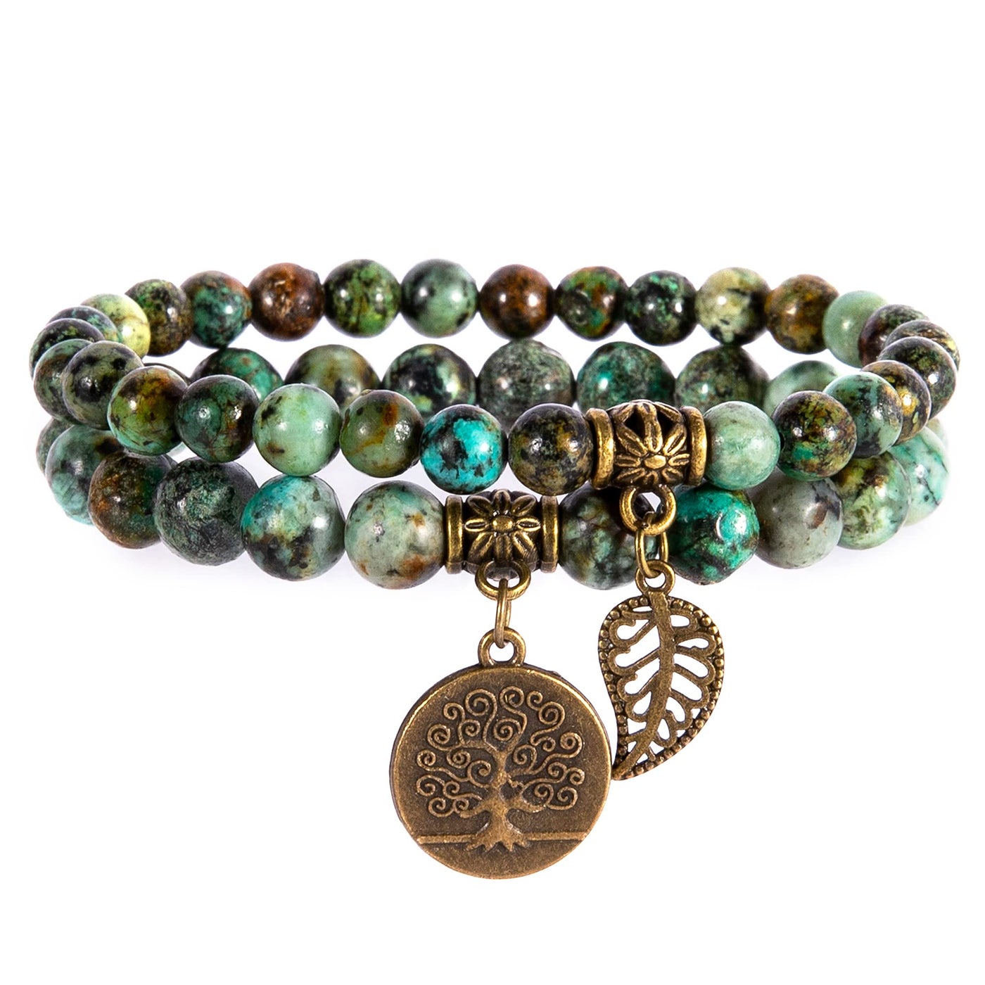 Bivei Natural Semi Precious Gemstone Beads Bracelet for Women - Life Tree and Leaf Charm Chakra Energy Anxiety Stretch Bracelets(African Turquoise)
