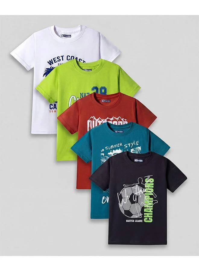 Pine Kids Pine Kids Cotton Knit Sports Theme Printed T-Shirts, Pack Of 5 - Multicolour