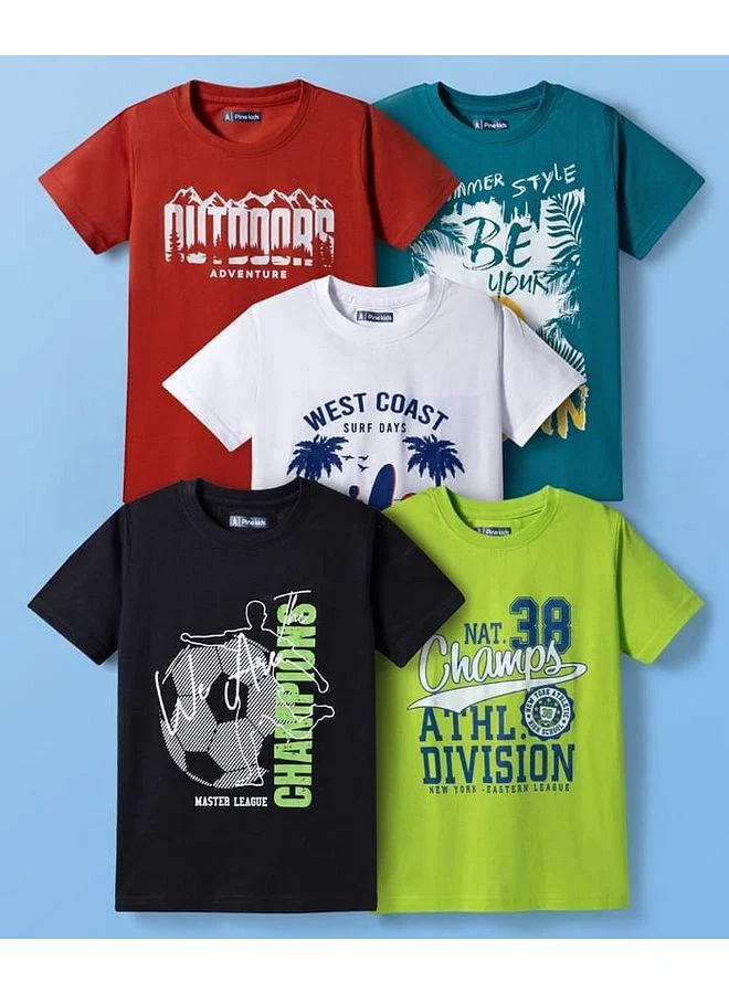 Pine Kids Pine Kids Cotton Knit Sports Theme Printed T-Shirts, Pack Of 5 - Multicolour