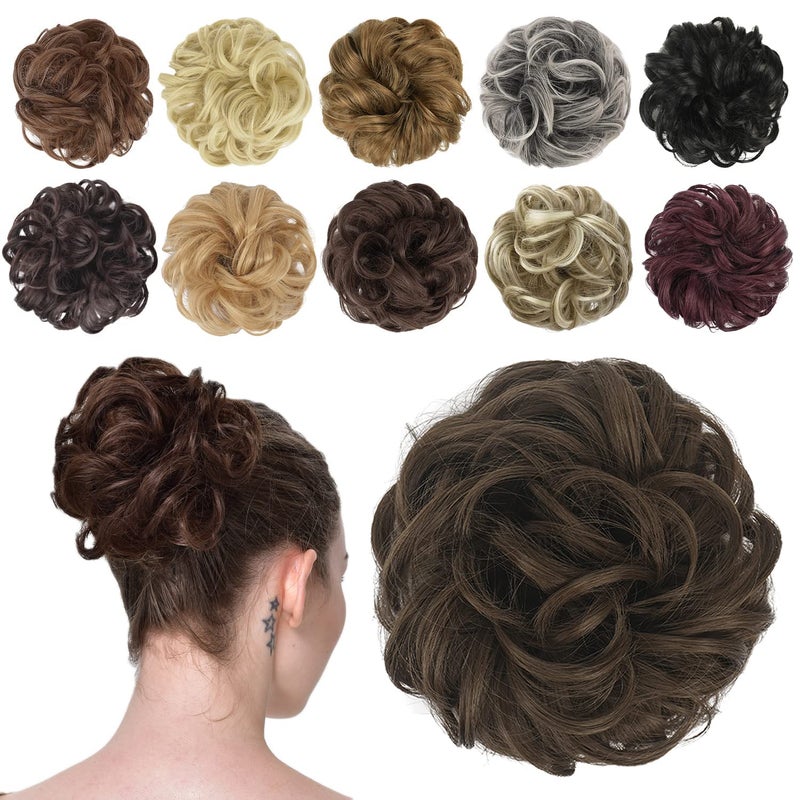 FESHFEN Messy Bun Hair Piece Elastic Wavy Curly Hair Bun Scrunchies Extensions Synthetic Chignon Hairpieces for Women Girls Medium Brown 15 oz