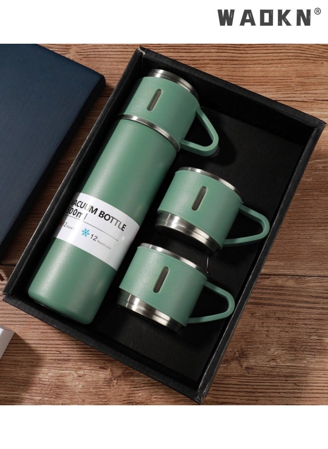 WAOKN - Stainless Steel Gift Set Vacuum Thermal Mug Flask Bottle with 2 Extra Cup Set Leak-proof Mug Insulated Travel Business Trip Water Bottle Thermos Hot & Cold Up to 12 Hours 500ml - Image 1