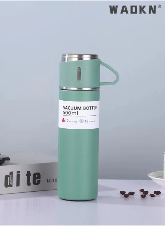 WAOKN - Stainless Steel Gift Set Vacuum Thermal Mug Flask Bottle with 2 Extra Cup Set Leak-proof Mug Insulated Travel Business Trip Water Bottle Thermos Hot & Cold Up to 12 Hours 500ml - Image 1