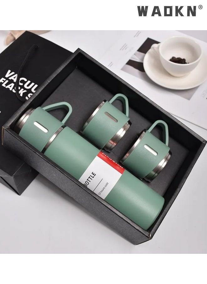 WAOKN - Stainless Steel Gift Set Vacuum Thermal Mug Flask Bottle with 2 Extra Cup Set Leak-proof Mug Insulated Travel Business Trip Water Bottle Thermos Hot & Cold Up to 12 Hours 500ml - Image 1