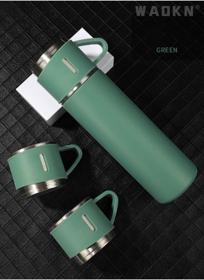 WAOKN - Stainless Steel Gift Set Vacuum Thermal Mug Flask Bottle with 2 Extra Cup Set Leak-proof Mug Insulated Travel Business Trip Water Bottle Thermos Hot & Cold Up to 12 Hours 500ml - Image 1