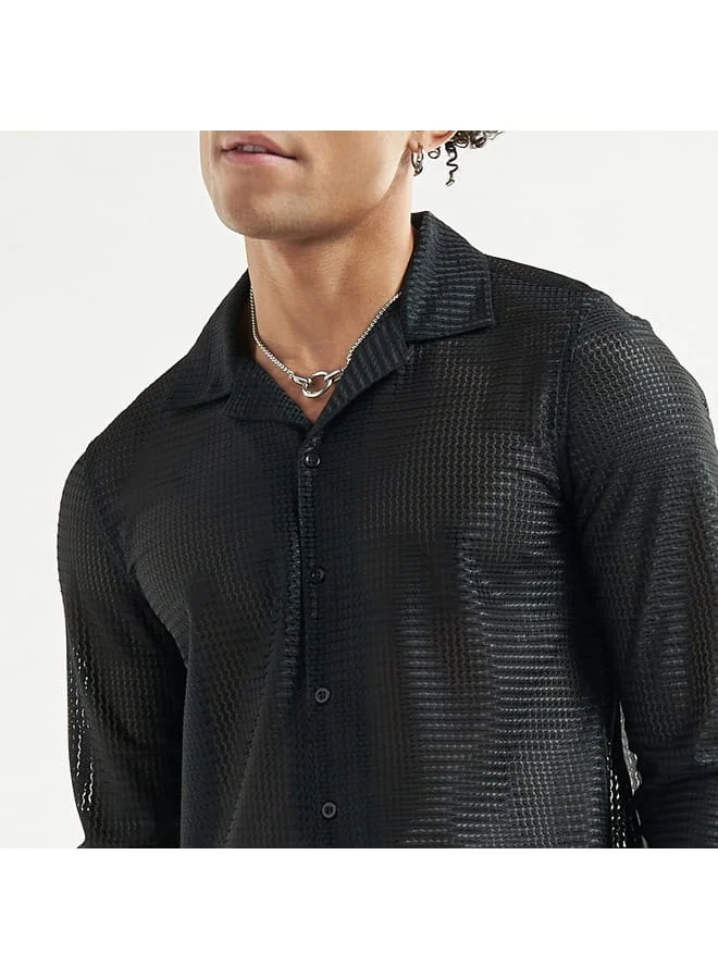 Splash FAV Textured Shirt with Camp Collar and Long Sleeves