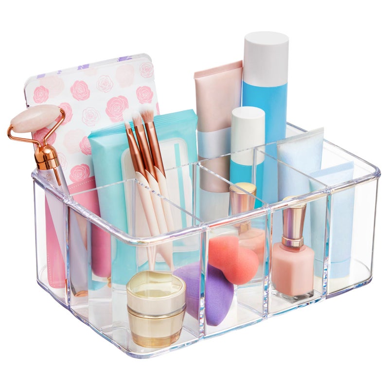 STORi 5-Compartment Clear Plastic Organizer | Rectangular Divided Makeup and Vanity Storage Bin and Office Desk Caddy | Scalloped Wall Design | Made in USA - Image 1