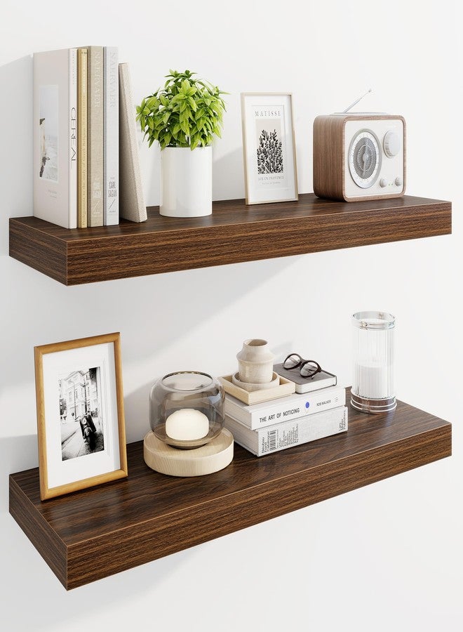 Marsmiles 30" Floating Shelves for Wall, Wooden Shelves with Invisible Brackets Set of 2, Rustic Farmhouse Wall Mounted Shelf for Kitchen Bathroom Living Room Study, Walnut - Image 1