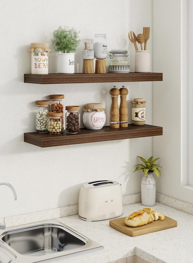 Marsmiles 30" Floating Shelves for Wall, Wooden Shelves with Invisible Brackets Set of 2, Rustic Farmhouse Wall Mounted Shelf for Kitchen Bathroom Living Room Study, Walnut - Image 2