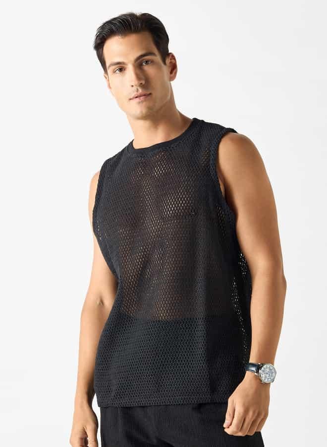 Splash FAV Iconic Textured Sleeveless T-shirt with Crew Neck  - Image 1