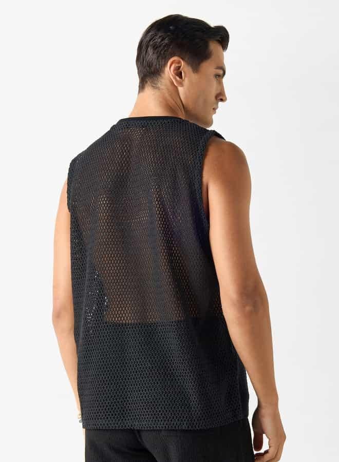 Splash FAV Iconic Textured Sleeveless T-shirt with Crew Neck  - Image 3