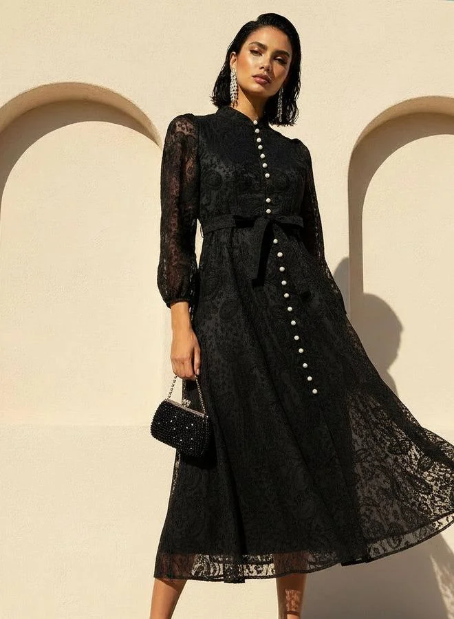 2Xtremz 2Xtremz A-line Midi Dress with Paisley Embroidery and Tie-Up Belt