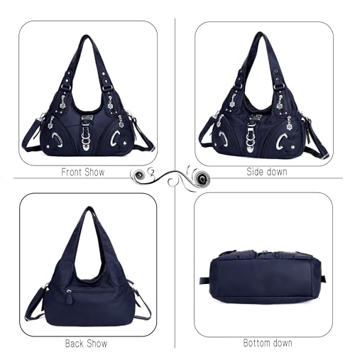 Angel Kiss Angelkiss Women Multiple Pockets Purses and Handbags Washed Leather, Two Top Zippers Closure, Blue - Image 4