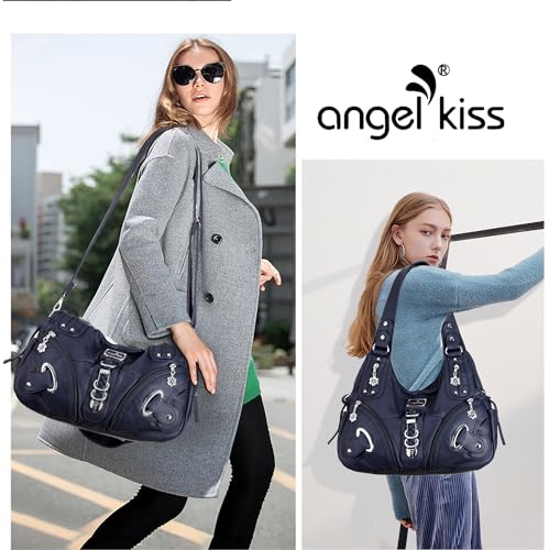 Angel Kiss Angelkiss Women Multiple Pockets Purses and Handbags Washed Leather, Two Top Zippers Closure, Blue - Image 2