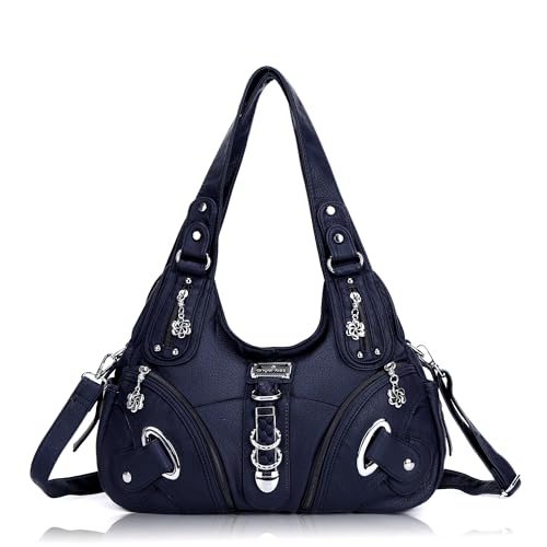 Angel Kiss Angelkiss Women Multiple Pockets Purses and Handbags Washed Leather, Two Top Zippers Closure, Blue - Image 1